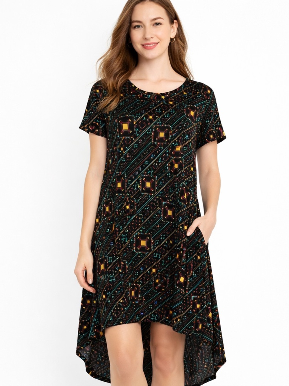 LuLaRoe Carly Dress M Geometric Print Hi Lo Stretch Short Sleeve Casual